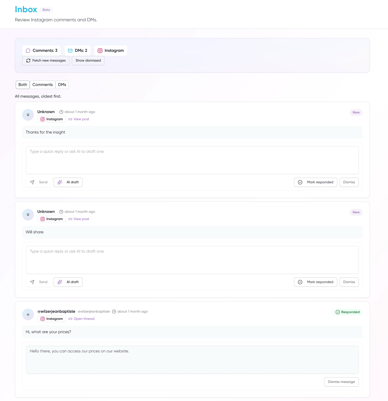 One inbox. Every comment and DM.